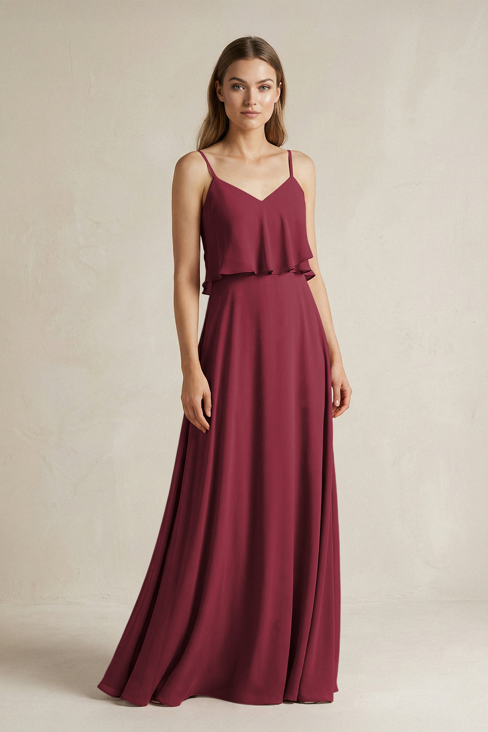 Ruffled Spaghetti Strap A-Line Chiffon Bridesmaid Dress in Berry