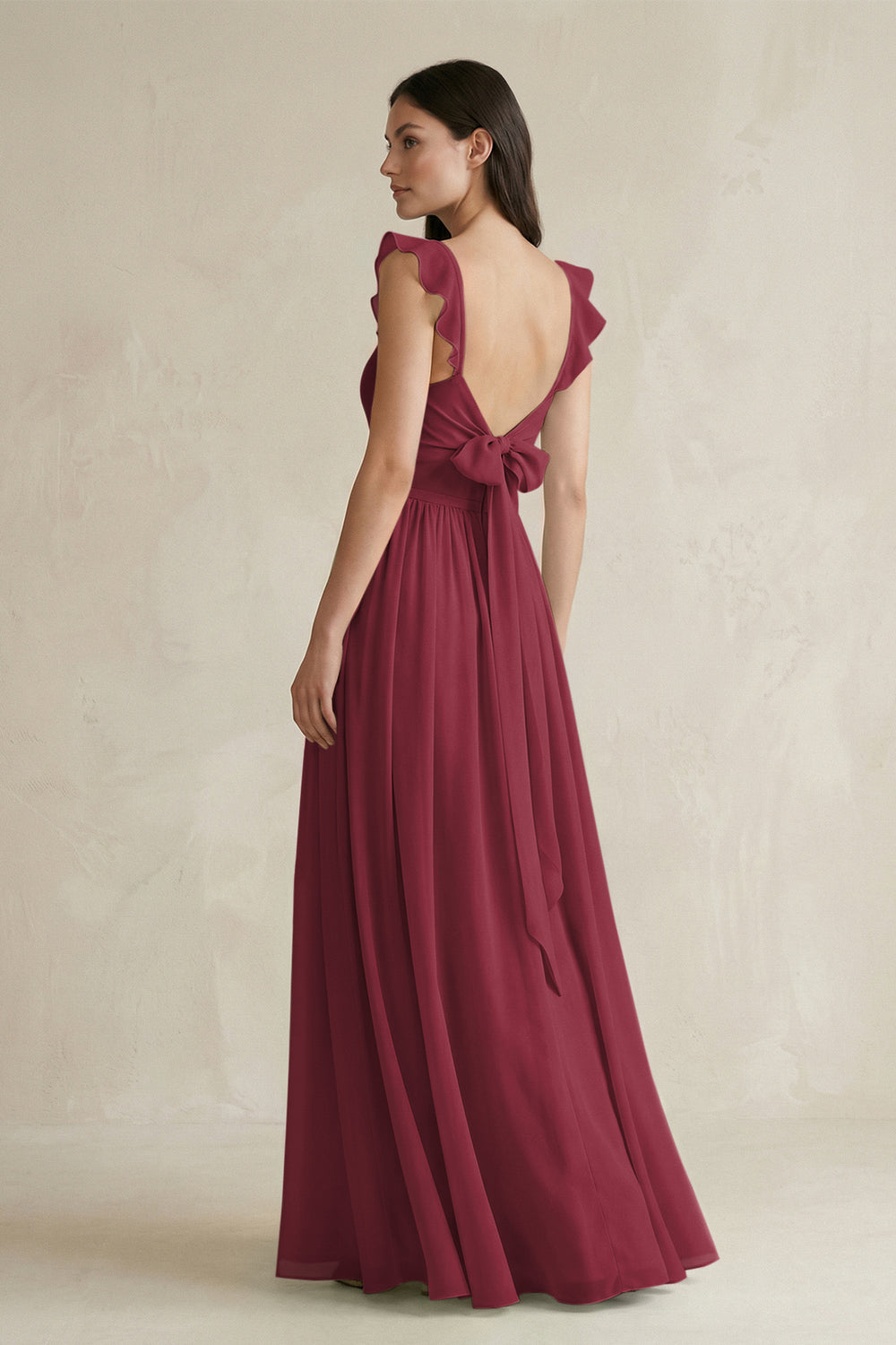 Ruffled Spaghetti Strap Chiffon A-Line Bridesmaid Dress in Berry