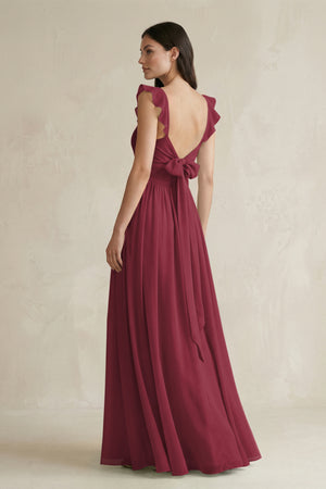 Berry Ruffled Spaghetti Strap Chiffon A-Line Bridesmaid Dress (2) | KISSBRIDAL