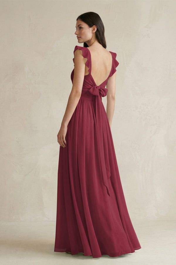 Berry Ruffled Spaghetti Strap Chiffon A-Line Bridesmaid Dress (2) | KISSBRIDAL