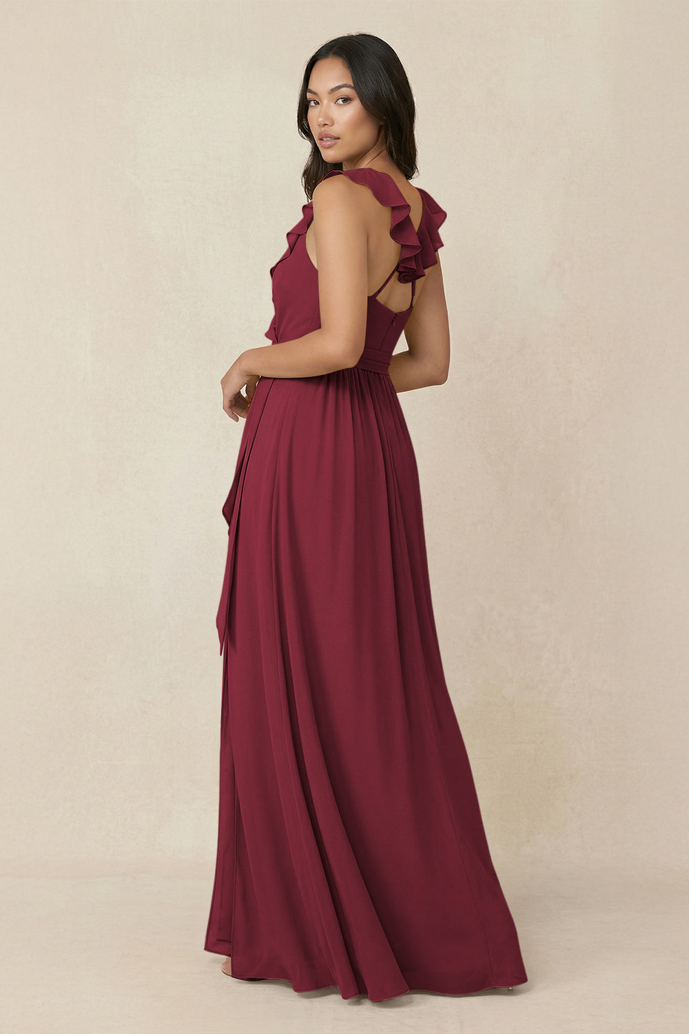 Ruffled V-Neck A-Line Chiffon Bridesmaid Dress in Berry