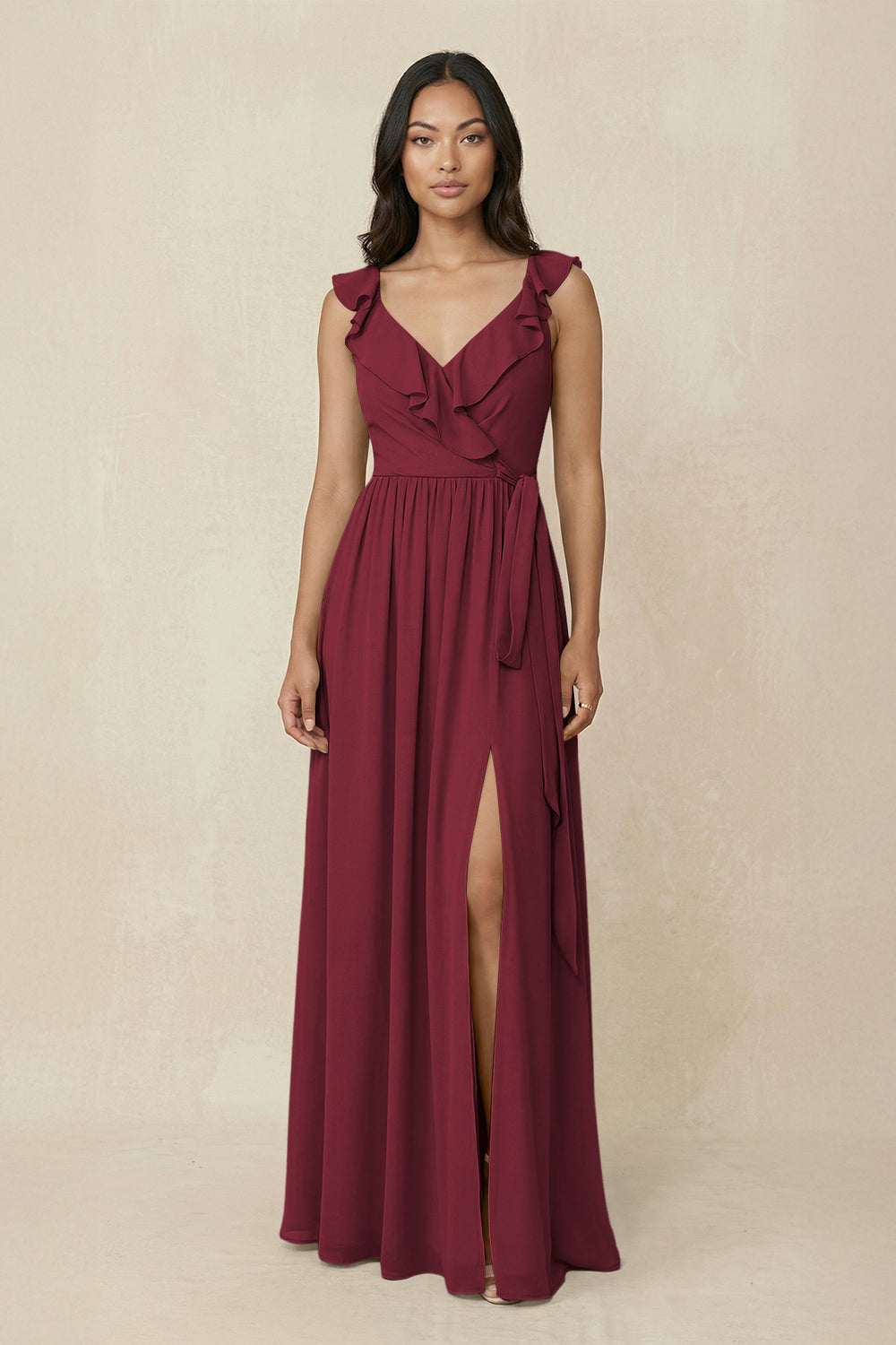 Ruffled V-Neck A-Line Chiffon Bridesmaid Dress in Berry