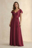Berry Ruffled V-Neck Chiffon A-Line Bridesmaid Dress | KISSBRIDAL