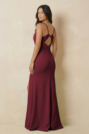 Berry Sheath Cami Strap Chiffon Bridesmaid Dress with Slit (2) | KISSBRIDAL