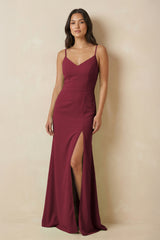 Berry Sheath Cami Strap Chiffon Bridesmaid Dress with Slit | KISSBRIDAL