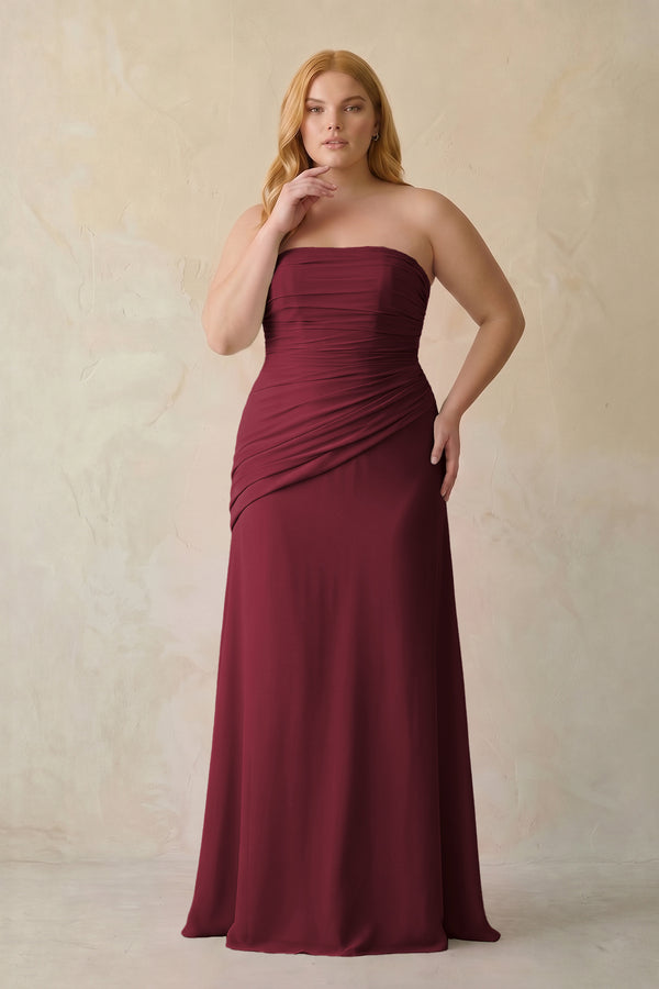 Berry Sheath Chiffon Strapless Pleated Bridesmaid Dress [sizeplus] | KISSBRIDAL