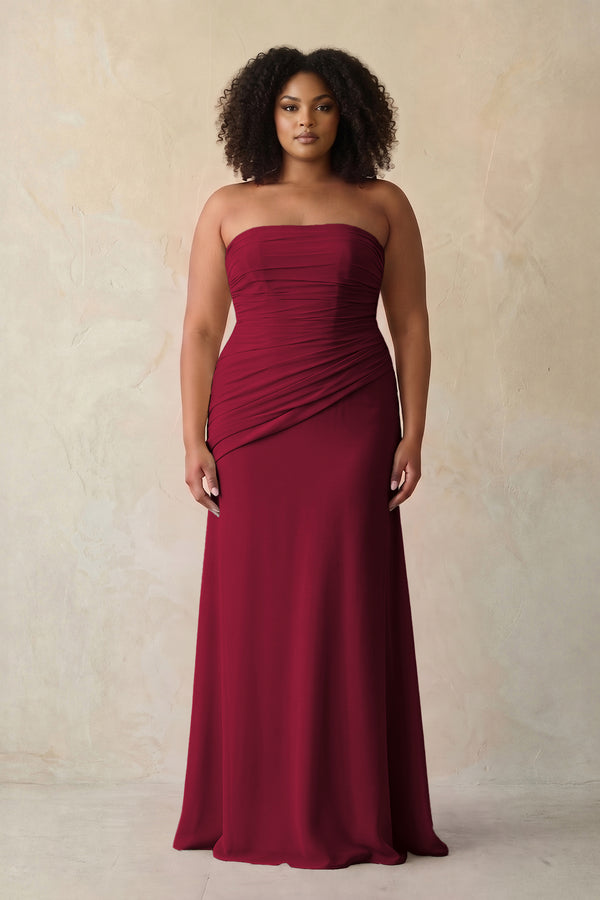 Berry Sheath Chiffon Strapless Pleated Bridesmaid Dress | KISSBRIDAL[sizeplus]