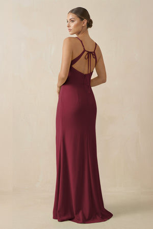 Berry Sheath Spaghetti Straps Chiffon Long Bridesmaid Dress (2) | KISSBRIDAL