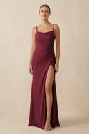 Berry Sheath Spaghetti Straps Chiffon Long Bridesmaid Dress | KISSBRIDAL