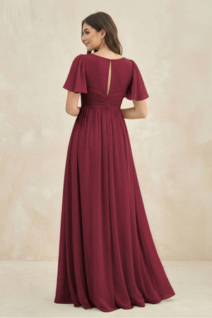 Berry Short Sleeve Chiffon V-Neck A-Line Bridesmaid Dress (2) | KISSBRIDAL