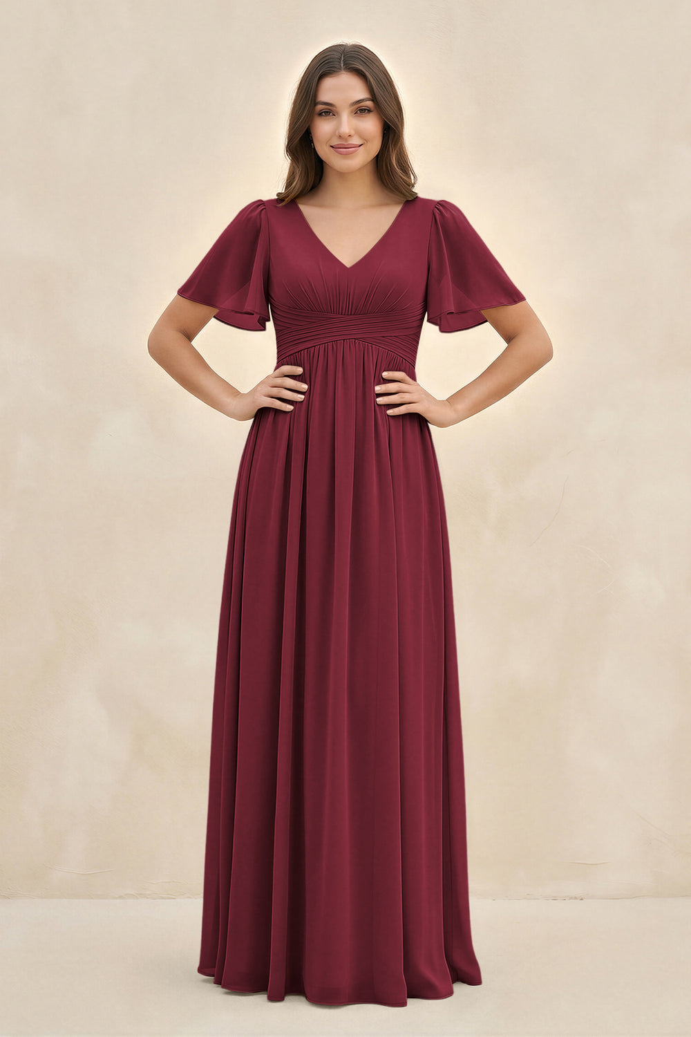 Short Sleeve Chiffon V-Neck A-Line Bridesmaid Dress in Berry