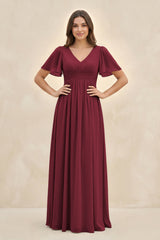 Berry Short Sleeve Chiffon V-Neck A-Line Bridesmaid Dress | KISSBRIDAL