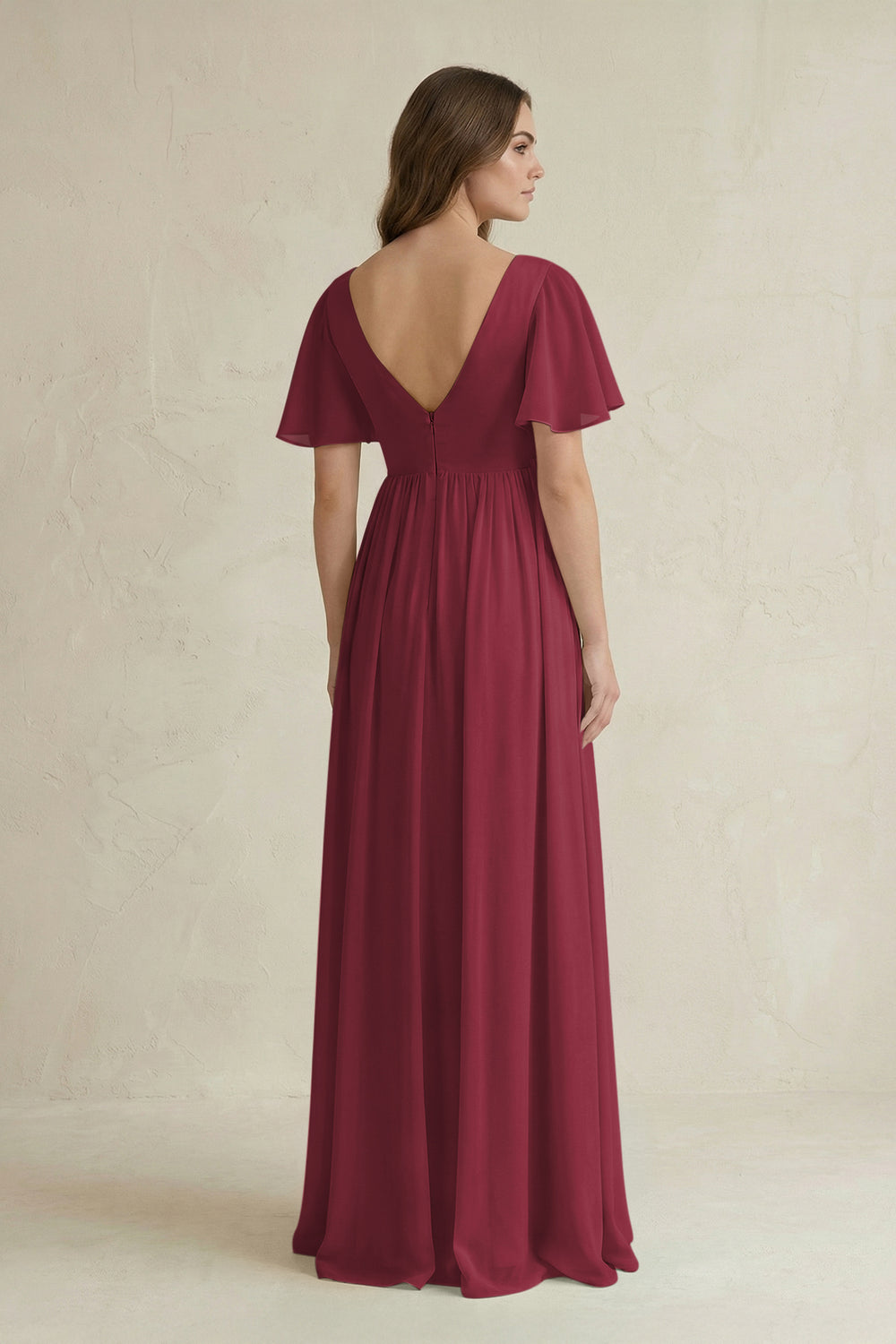 Short Sleeve V-Neck A-Line Chiffon Bridesmaid Dress in Berry