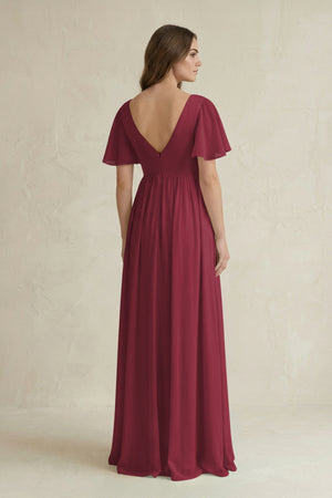 Berry Short Sleeve V-Neck A-Line Chiffon Bridesmaid Dress (2) | KISSBRIDAL