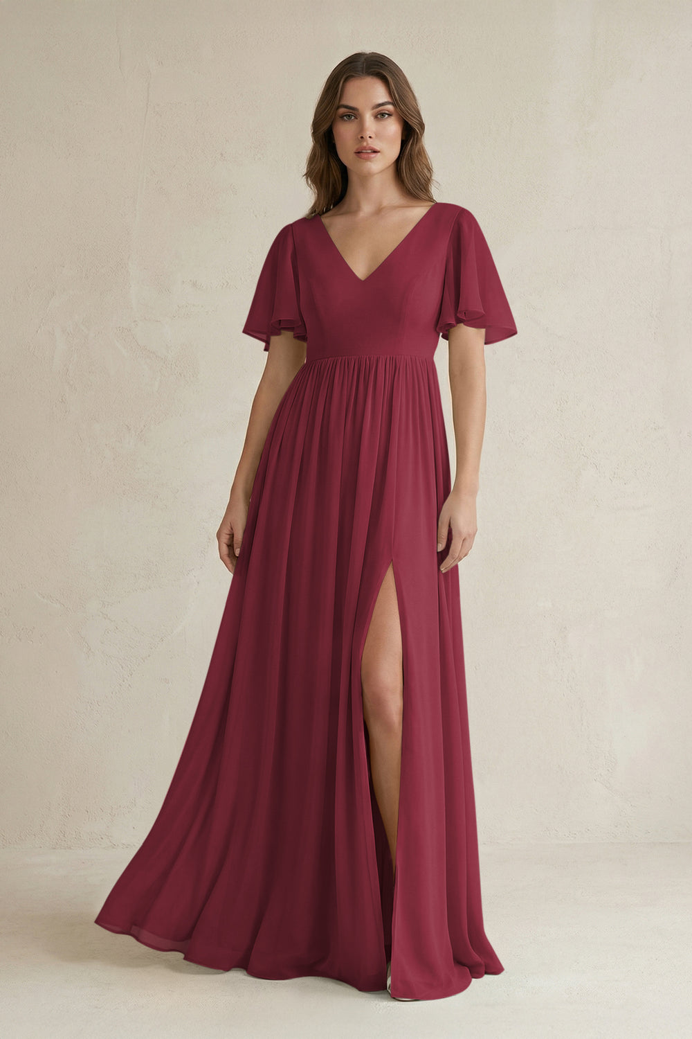 Short Sleeve V-Neck A-Line Chiffon Bridesmaid Dress in Berry
