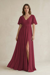 Berry Short Sleeve V-Neck A-Line Chiffon Bridesmaid Dress | KISSBRIDAL