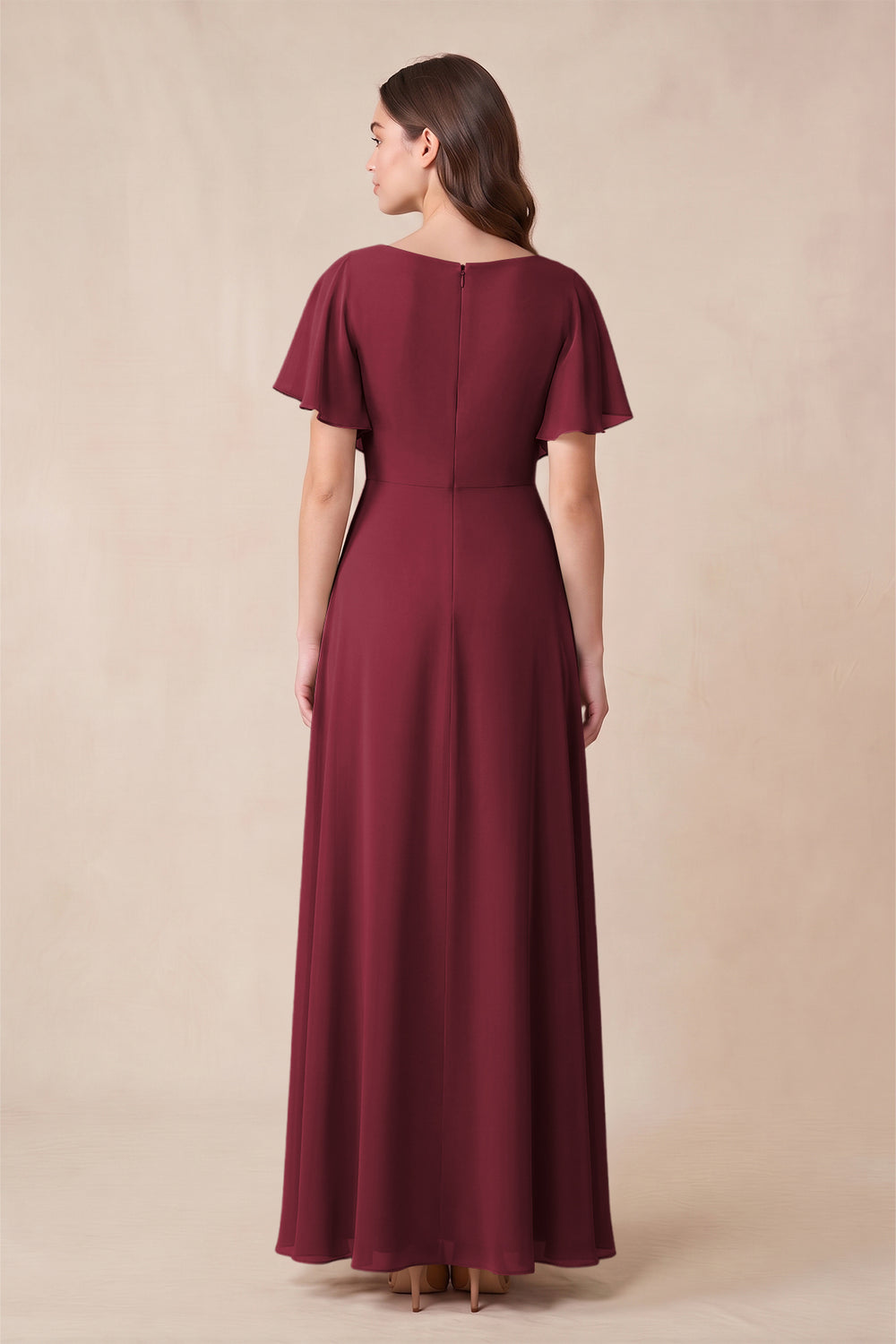 Short Sleeves Bateau A-Line Chiffon Bridesmaid Dress in Berry