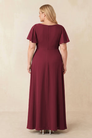 Berry Short Sleeves Bateau A-Line Chiffon Bridesmaid Dress (2) [sizeplus] | KISSBRIDAL