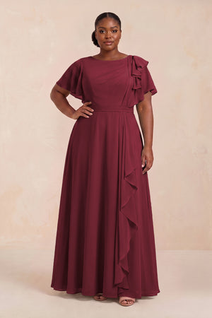 Berry Short Sleeves Bateau A-Line Chiffon Bridesmaid Dress (3) [sizeplus] | KISSBRIDAL