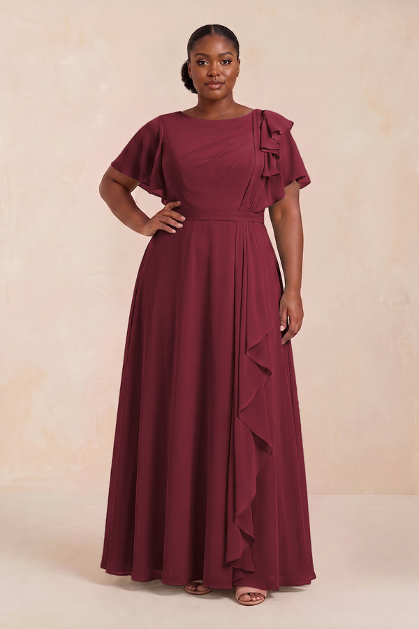 Berry Short Sleeves Bateau A-Line Chiffon Bridesmaid Dress (3) [sizeplus] | KISSBRIDAL