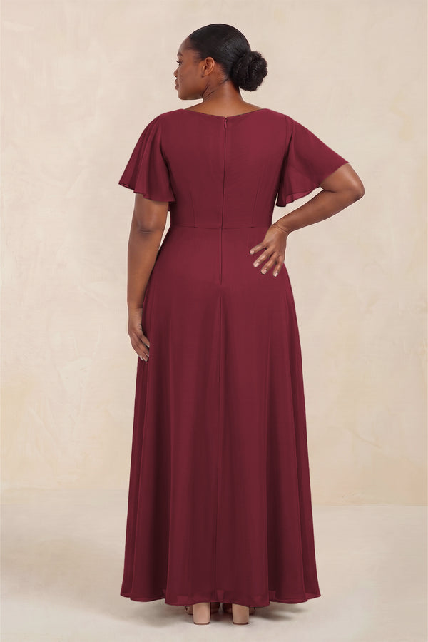 Berry Short Sleeves Bateau A-Line Chiffon Bridesmaid Dress (4) [sizeplus] | KISSBRIDAL