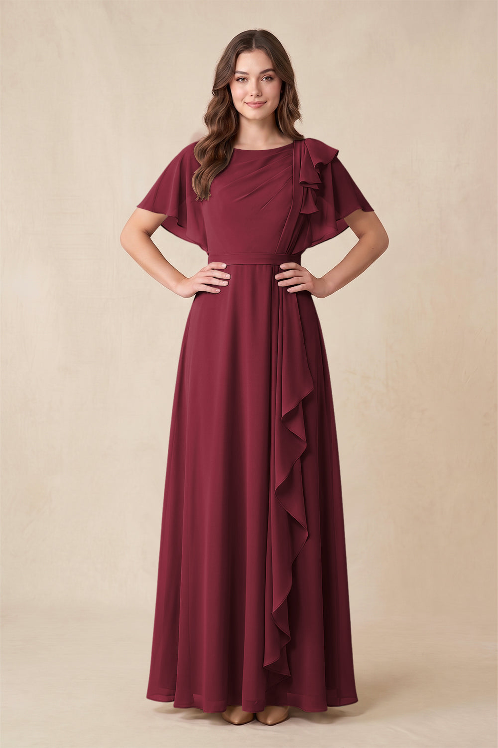 Short Sleeves Bateau A-Line Chiffon Bridesmaid Dress in Berry