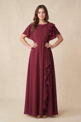 Berry Short Sleeves Bateau A-Line Chiffon Bridesmaid Dress | KISSBRIDAL