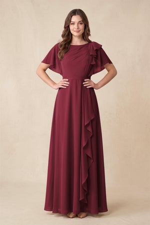 Berry Short Sleeves Bateau A-Line Chiffon Bridesmaid Dress | KISSBRIDAL