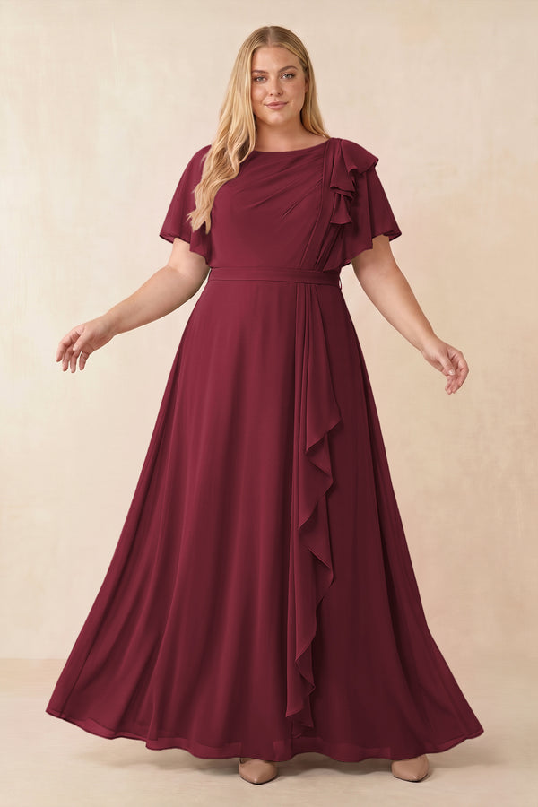 Berry Short Sleeves Bateau A-Line Chiffon Bridesmaid Dress [sizeplus] | KISSBRIDAL