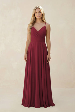 Berry Spaghetti Strap A-Line Chiffon Bridesmaid Dress | KISSBRIDAL