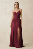 Berry Spaghetti Strap Pleated A-Line Chiffon Bridesmaid Dress | KISSBRIDAL