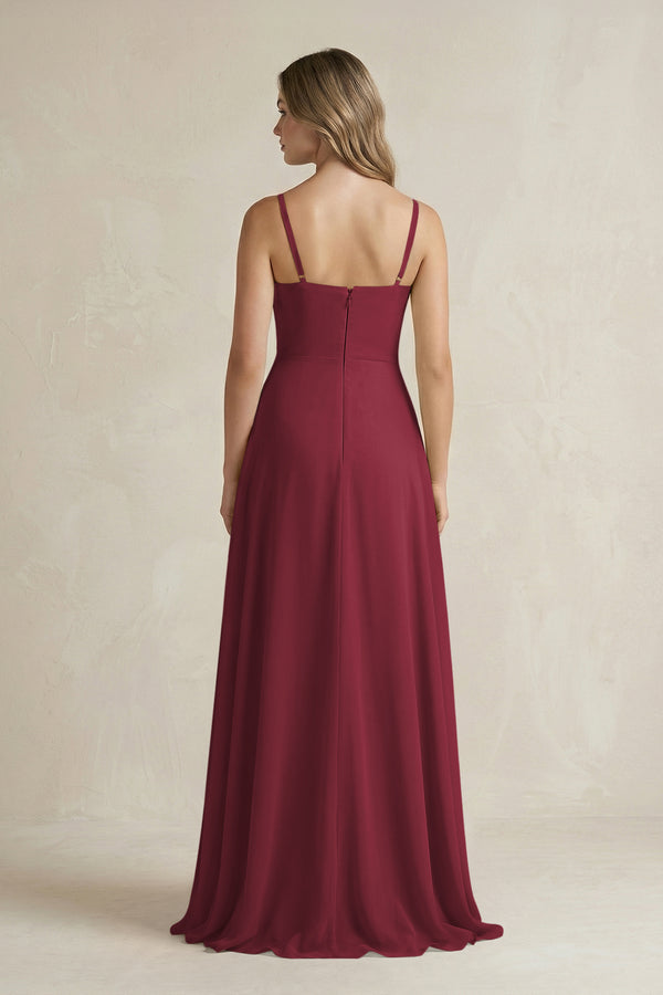 Berry Spaghetti Strap Ruffled A-Line Chiffon Bridesmaid Dress (2) | KISSBRIDAL