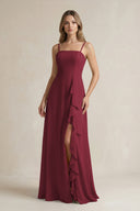 Berry Spaghetti Strap Ruffled A-Line Chiffon Bridesmaid Dress | KISSBRIDAL