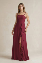 Berry Spaghetti Strap Ruffled A-Line Chiffon Bridesmaid Dress | KISSBRIDAL