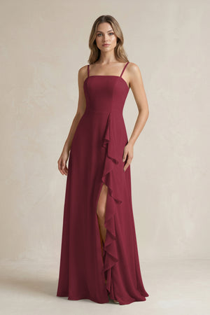 Berry Spaghetti Strap Ruffled A-Line Chiffon Bridesmaid Dress | KISSBRIDAL
