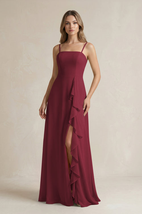 Berry Spaghetti Strap Ruffled A-Line Chiffon Bridesmaid Dress | KISSBRIDAL