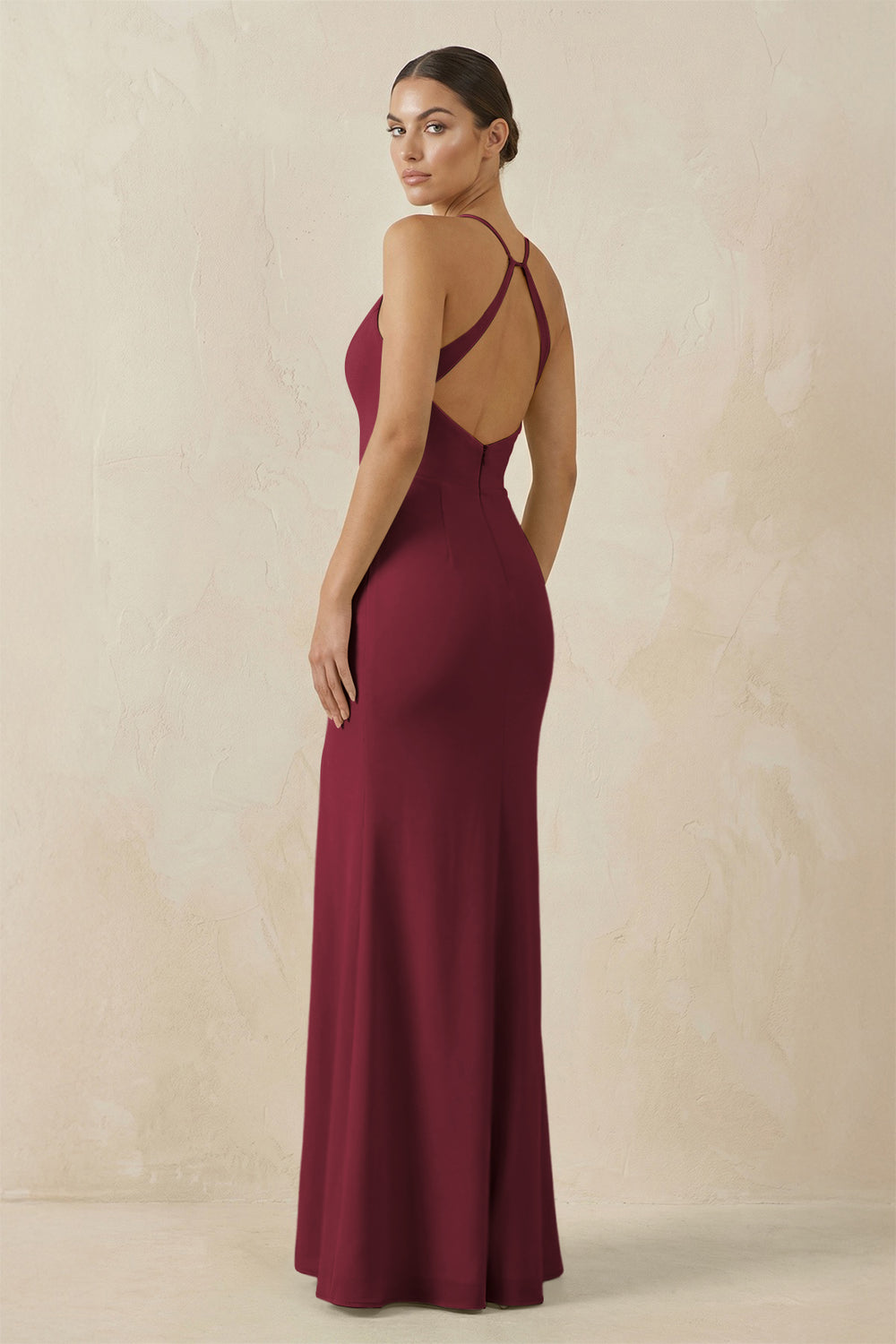 Spaghetti Strap Sheath Chiffon Bridesmaid Dress With Slit in Berry
