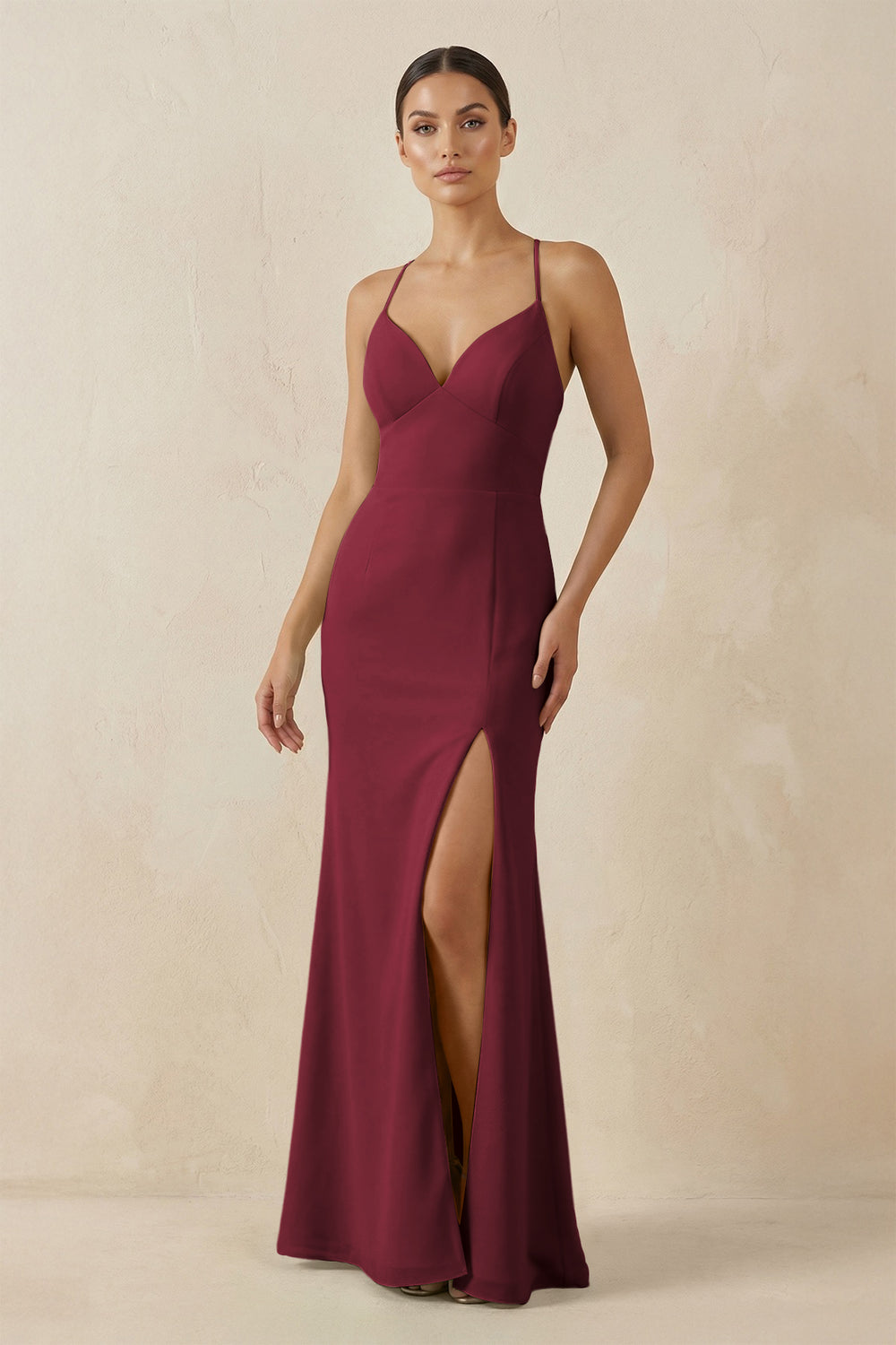 Spaghetti Strap Sheath Chiffon Bridesmaid Dress With Slit in Berry