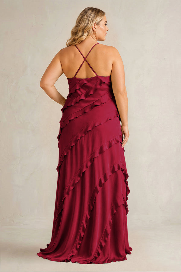 Berry Spaghetti Straps Sheath Stain Ruffled Bridesmaid Dress (2) | KISSBRIDAL[sizeplus]