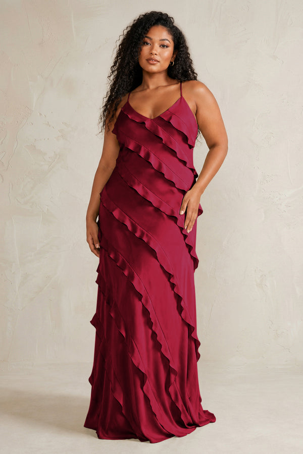 Berry Spaghetti Straps Sheath Stain Ruffled Bridesmaid Dress (3) | KISSBRIDAL[sizeplus]