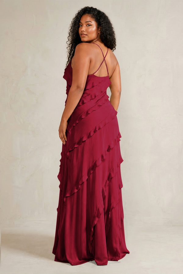 Berry Spaghetti Straps Sheath Stain Ruffled Bridesmaid Dress (4) | KISSBRIDAL[sizeplus]