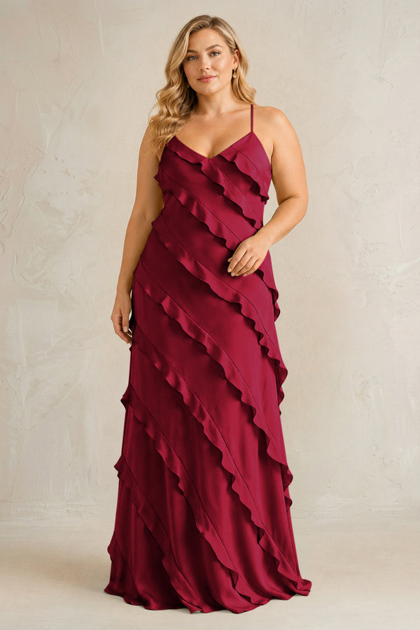 Berry Spaghetti Straps Sheath Stain Ruffled Bridesmaid Dress | KISSBRIDAL[sizeplus]
