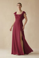 Berry Square Neck A-Line Bridesmaid Dress with Ruffles | KISSBRIDAL