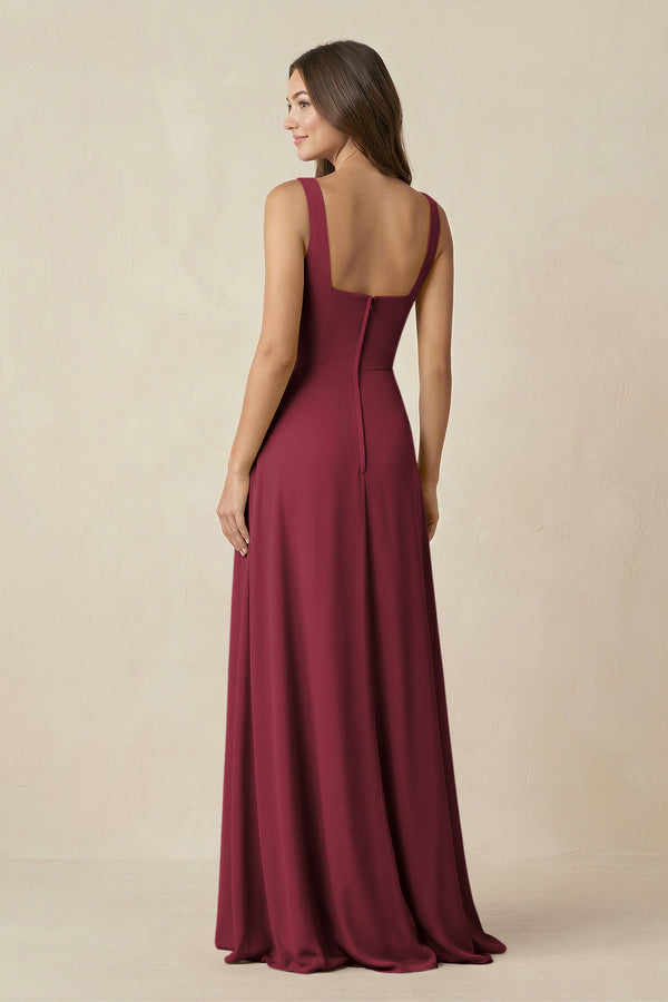 Berry Square Neck A-Line Bridesmaid Dress With Slit (2) | KISSBRIDAL