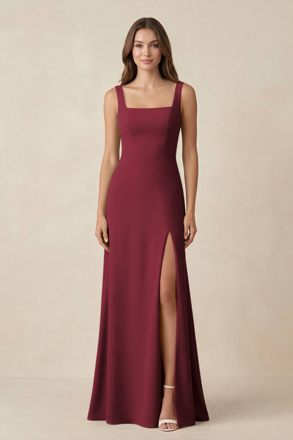 Square Neck A-Line Bridesmaid Dress With Slit in Berry