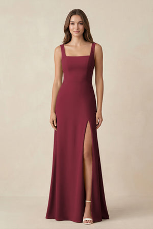 Berry Square Neck A-Line Bridesmaid Dress With Slit | KISSBRIDAL