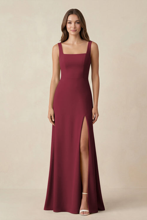 Berry Square Neck A-Line Bridesmaid Dress With Slit | KISSBRIDAL
