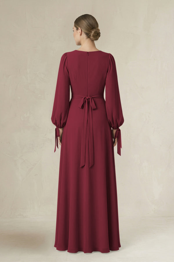 Berry Square Neck Long Sleeve A-Line Chiffon Bridesmaid Dress in Berry (2) | KISSBRIDAL