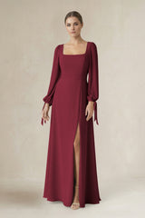Berry Square Neck Long Sleeve A-Line Chiffon Bridesmaid Dress in Berry | KISSBRIDAL
