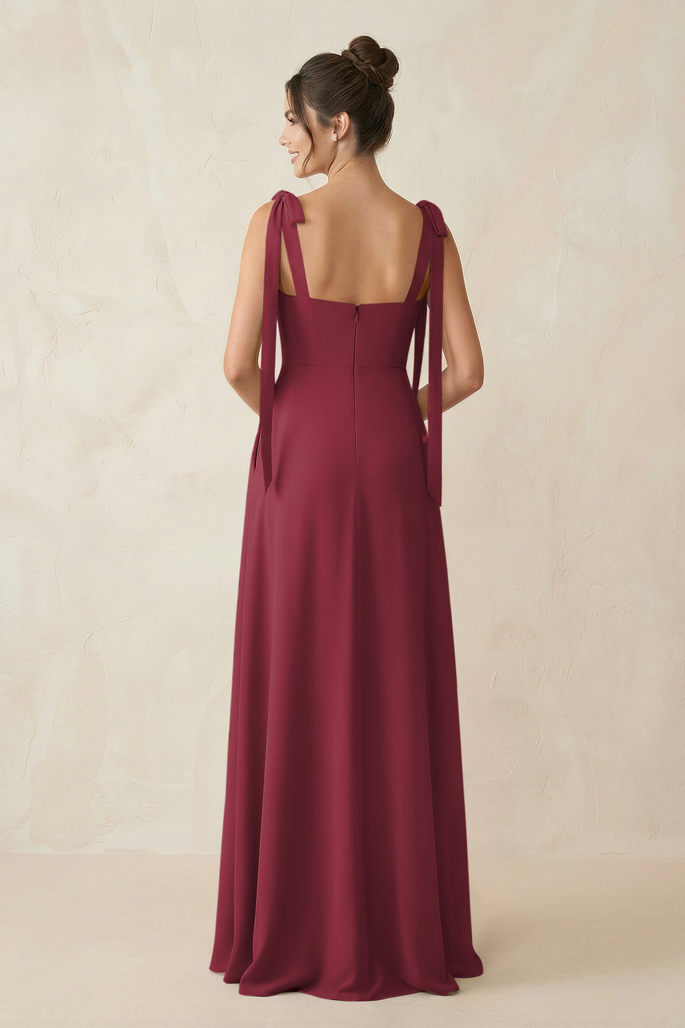 Square Neck Sheath Chiffon Bridesmaid Dress with Bow in Berry